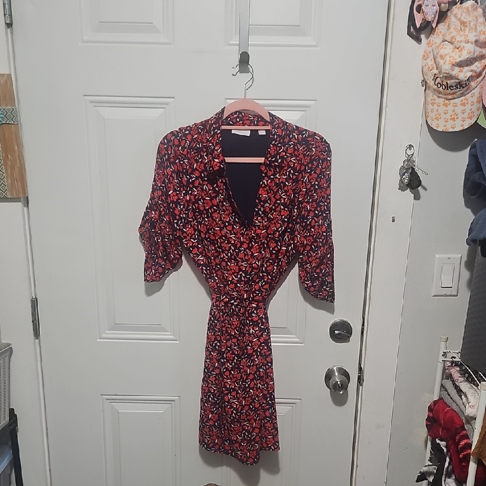 New York & Company Red Floral Wrap Mini Dress with Black Accents